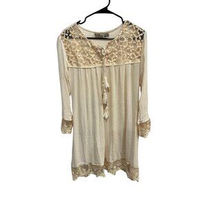 S.R Fashion Ivory Lace Tassel Details 3/4 Sleeves Tunic Dress Boho Casual